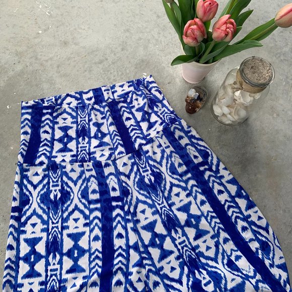 Stretchy Blue and White Pattern Flare Bell Bottom Wide Leg Lounge / Yoga pant - Picture 1 of 6